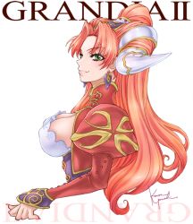 Rule 34 | 1girl, breasts, cleavage, earrings, grandia, grandia ii, green eyes, hair ornament, jewelry, kanoe youshi, long hair, looking at viewer, millenia (grandia), red hair, simple background, smile, solo, white background