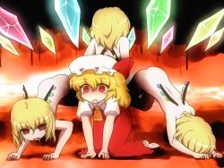 Rule 34 | 4girls, all fours, ass, back, blonde hair, commentary request, dress, drooling, empty eyes, flandre scarlet, four of a kind (touhou), hat, hat ribbon, looking at viewer, mob cap, multiple girls, nude, open mouth, puffy short sleeves, puffy sleeves, red dress, red eyes, ribbon, shirosato, shirt, short sleeves, side ponytail, touhou, wings