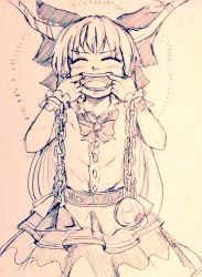 Rule 34 | 1girl, ^ ^, belt, bow, bowtie, breasts, buttons, chain, closed eyes, commentary request, cuffs, d-m (dii emu), eyelashes, closed eyes, fangs, finger in own mouth, greyscale, hair bow, happy, horn ornament, horn ribbon, horns, ibuki suika, long hair, monochrome, mouth pull, oni, open mouth, ribbon, shirt, sketch, skirt, sleeveless, sleeveless shirt, touhou, traditional media