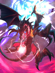 claws dragon duel_monster energy_ball explosion fire flying full_body highres no_humans onion_(nostromo211) open_mouth red-eyes_black_dragon red_eyes sharp_teeth solo teeth tongue tongue_out wings yu-gi-oh!