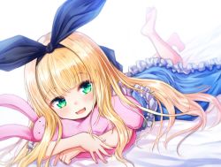 Rule 34 | 1girl, :3, :d, baram, barefoot, bed sheet, black ribbon, blonde hair, blue dress, blurry, blurry background, blush, commentary request, depth of field, dress, frilled dress, frills, green eyes, hair ribbon, hugging object, legs up, long hair, lying, mononobe alice, mononobe alice (1st costume), nijisanji, on stomach, open mouth, ribbon, smile, soles, solo, stuffed animal, stuffed rabbit, stuffed toy, very long hair, virtual youtuber, white background