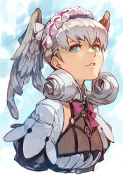 Rule 34 | 1girl, blue eyes, braid, breasts, crown braid, head wings, hungry clicker, juliet sleeves, long sleeves, medium breasts, melia antiqua, nintendo, o-ring, puffy sleeves, silver hair, solo, upper body, wings, xenoblade chronicles: future connected, xenoblade chronicles (series), xenoblade chronicles 1