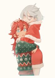 Rule 34 | 2girls, absurdres, annoyed, blue eyes, capelet, christmas, christmas sweater, closed mouth, cool (gundam suisei no majo), dress, fur trim, grey hair, gundam, gundam suisei no majo, hair between eyes, hair down, hand on another&#039;s head, highres, holding, hots (gundam suisei no majo), hug, jewelry, long sleeves, miorine rembran, multiple girls, official alternate hair length, official alternate hairstyle, open mouth, pink eyes, purple eyes, red dress, red hair, ring, short dress, short hair, signature, simple background, suletta mercury, yaco (085), yuri