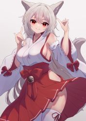 Rule 34 | 1girl, absurdres, animal ear fluff, animal ears, bare shoulders, bell, blush, bow, breasts, closed mouth, detached sleeves, double fox shadow puppet, fox ears, fox girl, fox shadow puppet, fox tail, grey background, grey hair, hair between eyes, hakama, hakama skirt, hands up, highres, hinata (user rjkt4745), hip vent, japanese clothes, jingle bell, kimono, long hair, long sleeves, medium breasts, original, red bow, red eyes, red hakama, ribbon-trimmed sleeves, ribbon trim, sideboob, simple background, skirt, sleeveless, sleeveless kimono, smile, solo, tail, thighhighs, very long hair, white kimono, white sleeves, white thighhighs, wide sleeves