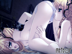 Rule 34 | 2girls, arms behind back, ass, bdsm, blonde hair, blue eyes, blush, bondage, bound, bound arms, bound wrists, braid, breast press, breasts, cameltoe, cuffs, cunnilingus, doggystyle, femdom, game cg, hair ribbon, imi (shinju no yakata), incest, itsuki (shinju no yakata), licking, licking panties, logo, meteor, multiple girls, nude, one eye closed, open mouth, oral, panties, ribbon, sex, sex from behind, shinju no yakata, siblings, sisters, through clothes, top-down bottom-up, topless, twincest, twins, twintails, underwear, wet, wet clothes, wet panties, white panties, yuri, yuyi