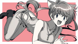 Rule 34 | 1girl, :d, animal ears, asada hachi, blush, border, breasts, cat ears, commentary request, cross, cross necklace, ear piercing, frilled shirt, frills, full body, greyscale, hawatari yuiko, highres, jewelry, large breasts, long hair, looking at viewer, loveless, midriff, monochrome, necklace, open mouth, own hands clasped, own hands together, pants, piercing, pink background, shirt, shoes, sleeveless, sleeveless shirt, smile, solo, twitter username, very long hair, watermark, white border