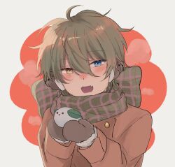 Rule 34 | 1boy, black hair, blue eyes, blush, bow, brown coat, brown mittens, coat, earmuffs, ensemble stars!, fang, green scarf, heterochromia, highres, kagehira mika, long sleeves, male focus, mittens, multicolored clothes, multicolored scarf, nahso3h, open mouth, plaid, plaid scarf, red scarf, scarf, scarf bow, short hair, smile, snow rabbit, solo, yellow eyes