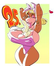 Rule 34 | 1girl, ape, armpits, arms up, banana, between breasts, blonde hair, bow, breasts, candy kong, cleavage, curvy, donkey kong (series), donkey kong country, food, fruit, hair bow, heart, huge breasts, licking, long hair, monkey girl, nintendo, nipples, one-piece swimsuit, one eye closed, sidelocks, slb, smile, swimsuit, wink
