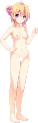 Rule 34 | 1girl, barefoot, blonde hair, blush, breasts, censored, collarbone, completely nude, forearm at chest, full body, fuyuichi monme, hair bun, hand on own hip, highres, kari gurashi ren&#039;ai, looking at viewer, medium breasts, navel, nipples, non-web source, nude, official art, purple eyes, short hair, single hair bun, smile, solo, standing, transparent background