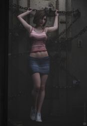 Rule 34 | 1girl, 3d, artist request, bare legs, bare shoulders, breasts, brown hair, casual, chain, cleavage, denim, denim skirt, door, eileen galvin, full body, highres, holding, lips, medium breasts, navel, shiny skin, short hair, silent hill, silent hill (series), silent hill 4: the room, skirt, solo, standing, tank top, thighs, wide hips
