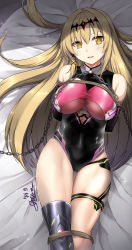 Rule 34 | 1girl, arms behind back, bare shoulders, bdsm, black leotard, blonde hair, bondage, bound, bound arms, bound legs, breasts, chain, dated, detached sleeves, from above, hair between eyes, head tilt, highres, large breasts, leotard, light particles, long hair, looking at viewer, lying, on back, open mouth, shade, sheita, shibari, shibari over clothes, shiny clothes, signature, smile, soccer spirits, solo, thigh gap, thighs, tiara, uranus (soccer spirits), very long hair, yellow eyes