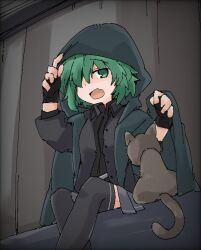 1girl animal assault_lily black_cloak black_gloves black_jacket black_shirt black_thighhighs cat cloak collared_shirt commentary_request crossed_legs fang feet_out_of_frame fingerless_gloves gloves green_eyes green_hair grey_skirt hair_between_eyes hair_over_one_eye hands_up hood hood_up hooded_cloak indoors jacket long_sleeves looking_at_animal miniskirt one_eye_covered open_clothes open_jacket open_mouth pleated_skirt shirt short_hair sitting skin_fang skirt solo thighhighs toyo_(sameden46) yoshimura_thi_mai