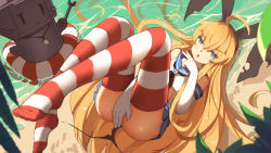 Rule 34 | 10s, 1girl, ahoge, ass, baisi shaonian, beach, black panties, blonde hair, covering crotch, covering privates, elbow gloves, feet, gloves, hairband, highres, innertube, kantai collection, legs, long hair, looking at viewer, lying, no shoes, on back, open mouth, outdoors, panties, pleated skirt, rensouhou-chan, sailor collar, shimakaze (kancolle), skirt, solo, striped clothes, striped thighhighs, swim ring, thighhighs, torn clothes, torn panties, underwear, water, white gloves