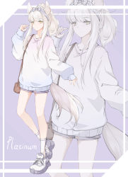 Rule 34 | 1girl, absurdres, alternate costume, animal ear fluff, animal ears, arknights, bag, bare legs, casual, character name, commentary request, hand up, handbag, highres, kaminarichyan, long hair, long sleeves, looking at viewer, platinum (arknights), ponytail, purple background, shoes, silver hair, simple background, sneakers, socks, sweater, tail, white footwear, white legwear, white sweater, yellow eyes, zoom layer