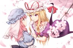 Rule 34 | 2girls, arm garter, ass, bent over, blonde hair, blue dress, blue headwear, blue sash, bow, breasts, cherry blossoms, choker, cleavage, collarbone, commentary request, dress, eye contact, frilled shirt collar, frills, gap (touhou), gloves, hair between eyes, hair bow, hand up, hat, hat ribbon, long hair, looking at another, medium breasts, minust, mob cap, multiple girls, petals, pink eyes, pink hair, puffy short sleeves, puffy sleeves, purple dress, purple eyes, red bow, red choker, red ribbon, ribbon, ribbon-trimmed collar, ribbon choker, ribbon trim, saigyouji yuyuko, sash, short sleeves, sidelocks, simple background, small breasts, smile, touhou, triangular headpiece, upper body, veil, white background, white gloves, white headwear, yakumo yukari