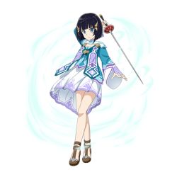 Rule 34 | 1girl, arm up, black hair, blue eyes, dress, full body, hair ornament, holding, holding sword, holding weapon, mole, mole under eye, premiere (sao), rapier, short dress, short hair, solo, standing, sword, sword art online, transparent background, weapon