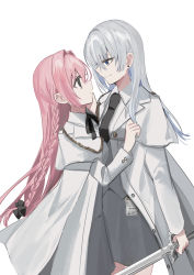 Rule 34 | 2girls, black bow, black necktie, blue eyes, bow, braid, chihuri, closed mouth, collared shirt, earrings, eye contact, grey hair, grey skirt, grey vest, hair between eyes, hair bow, highres, holding, holding sword, holding weapon, jacket, jewelry, long hair, long sleeves, looking at another, multiple girls, necktie, open clothes, open jacket, original, pink hair, profile, purple eyes, shirt, simple background, skirt, smile, stud earrings, sword, very long hair, vest, weapon, white background, white jacket, white shirt, yuri
