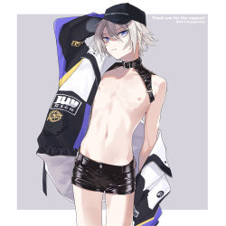 Rule 34 | 1boy, androgynous, arm up, baseball cap, black hat, black shorts, blue eyes, commission, cowboy shot, dated, fate/grand order, fate (series), feet out of frame, hair between eyes, hat, highres, leather shorts, letterboxed, male focus, navel, nipples, outside border, parted lips, potti-p, prince of lan ling (fate), shorts, single bare shoulder, solo, white hair