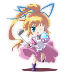 Rule 34 | 1girl, apron, blonde hair, blue eyes, breasts, dress, haru (arser doil), ladle, lightning, lilith aileron, long hair, open mouth, ponytail, shoes, tales of (series), tales of destiny, wink