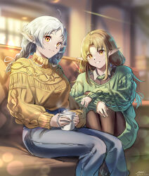 Rule 34 | 2girls, absurdres, aged up, ahoge, blonde hair, braid, breasts, collared shirt, couch, dress, elf, green sweater, highres, indoors, long hair, long sleeves, looking at viewer, low twin braids, lucy greyrat, medium breasts, mother and daughter, multiple girls, mushoku tensei, pants, pantyhose, pointy ears, red eyes, shirt, sitting, smile, sweater, sylphiette (mushoku tensei), turtleneck, turtleneck sweater, twin braids, white hair, yellow sweater, yujin (kanouyuuto-0423)