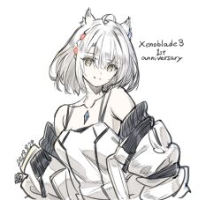Rule 34 | 1girl, animal ears, breasts, camisole, cat ears, chest jewel, jacket, looking at viewer, medium breasts, mio (xenoblade), official art, saitou masatsugu, short hair, simple background, skirt, smile, solo, tank top, upper body, white camisole, white hair, white jacket, white skirt, white tank top, xenoblade chronicles (series), xenoblade chronicles 3, yellow eyes