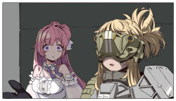Rule 34 | 2girls, armor, bare shoulders, black gloves, blonde hair, breasts, choker, cleavage, commentary request, detached sleeves, dorothy (nikke), dress, empty eyes, frilled dress, frills, gloves, goddess of victory: nikke, hair bun, hair intakes, head-mounted display, large breasts, long hair, looking at another, multiple girls, open mouth, pink hair, product 23 (nikke), ptsd, purple eyes, purple ribbon, ribbon, short ponytail, shoulder armor, sidelocks, single side bun, sleeveless, sleeveless dress, standing, tears, tenbin gashira, upper body, white dress