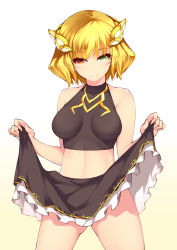Rule 34 | 1girl, absurdres, blonde hair, breasts, charlotte (shironeko project), dean (momodean), gradient background, green eyes, hair ornament, heterochromia, highres, looking at viewer, red eyes, shironeko project, short hair, smile, solo, v
