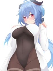 Rule 34 | 1girl, ahoge, black leotard, black pantyhose, blue hair, blush, bodystocking, bodysuit, breasts, breasts apart, cameltoe, covered navel, crotch, dress shirt, from below, ganyu (genshin impact), genshin impact, groin, hand on own chest, horns, kurobe 18, large breasts, leotard, leotard under clothes, long hair, looking at viewer, naked shirt, nose blush, paid reward available, pantyhose, parted lips, purple eyes, shirt, solo, standing, sweat, thighlet, thighs, underboob, white background