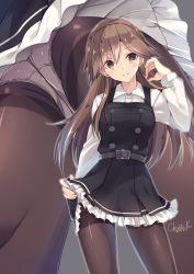 Rule 34 | 10s, 1girl, arashio (kancolle), artist name, ass, belt, belt buckle, black belt, black dress, breasts, brown eyes, brown hair, buckle, clothes lift, commentary request, dress, dress lift, frilled dress, frills, from below, grin, hand in own hair, highres, kantai collection, kobayashi chisato, lifted by self, long hair, long sleeves, mtu virus, multiple views, panties, panties under pantyhose, pantyhose, pinafore dress, remodel (kantai collection), shirt, simple background, sleeveless dress, smile, thighband pantyhose, underwear, upskirt, white background