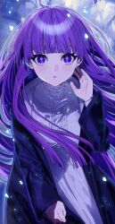 Rule 34 | :o, absurdres, black coat, blunt bangs, buttons, coat, collar, dress, fern (sousou no frieren), frilled collar, frills, highres, long hair, long sleeves, looking at viewer, purple background, purple eyes, purple hair, shi gure, sidelocks, sousou no frieren, straight hair, white dress