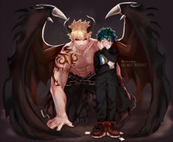 Rule 34 | 2boys, bakugou katsuki, black horns, black nails, black pants, black sclera, blonde hair, boku no hero academia, chain, collarbone, colored sclera, commentary, crying, demon boy, demon horns, demon wings, earrings, english commentary, fingernails, full body, gradient background, green hair, grey background, hand up, holding, horns, jewelry, long sleeves, looking at viewer, male focus, midoriya izuku, multiple boys, nail polish, pants, pointy ears, red eyes, red footwear, rin (rinriemie), sharp fingernails, shoes, shoulder tattoo, spiked hair, tattoo, tears, torn clothes, torn wings, wings