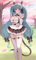 Rule 34 | 1girl, animal ears, apron, black dress, blue hair, blush, breasts, cat ears, cat tail, cherry blossoms, doryfish, dress, elbow gloves, embarrassed, fake animal ears, fake tail, gloves, goddess of victory: nikke, grass, grin, hands on own chest, highres, large breasts, legwear garter, light blue hair, long hair, looking at viewer, maid, maid headdress, neck bell, official alternate costume, paw hair ornament, petals, privaty (nikke), privaty (unkind maid) (nikke), skindentation, smile, solo, tail, thighhighs, tree, twintails, very long hair, white apron, white gloves, white thighhighs, yellow eyes