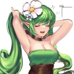 Rule 34 | 1girl, absurdres, arms up, breasts, cleavage, closed eyes, daeno, flower, green hair, grin, guardian tales, hair flower, hair ornament, highres, holding, holding own hair, leaf fairy aoba, long hair, medium breasts, pointy ears, smile, white background