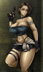 Rule 34 | 1girl, adapted costume, against wall, arcsinge, bare shoulders, black gloves, black skirt, blue eyes, boots, breasts, brick wall, brown footwear, brown hair, choker, cleavage, collarbone, cowboy shot, crop top, fingerless gloves, gloves, gun, highres, holding, holding gun, holding weapon, jill valentine, large breasts, midriff, miniskirt, navel, parted lips, resident evil, resident evil 3: nemesis, short hair, skirt, solo, standing, standing on one leg, strapless, sweat, weapon