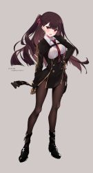 Rule 34 | 1girl, black footwear, black gloves, black pantyhose, black skirt, blazer, blush, framed breasts, full body, girls&#039; frontline, gloves, grey background, hair ribbon, half updo, highres, jacket, long hair, mimelond, necktie, one side up, open mouth, pantyhose, purple hair, red eyes, red necktie, red ribbon, ribbon, shoes, simple background, skirt, solo, standing, thighband pantyhose, tsurime, underbust, wa2000 (girls&#039; frontline), walther