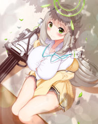Rule 34 | 1girl, absurdres, bare legs, between legs, blue archive, blush, breasts, button gap, closed mouth, collarbone, collared shirt, falling leaves, from above, gatling gun, green eyes, hair bun, hair intakes, halo, hand between legs, highres, id card, jacket, lanyard, large breasts, leaf, light brown hair, long hair, looking at viewer, minigun, miniskirt, motherly, nonomi (blue archive), open clothes, open jacket, pleated skirt, shade, shirt, silver hair, single hair bun, sitting, skirt, smile, solo, thighs, upturned eyes, very long hair, white shirt, wing collar, yellow jacket, zenokidon