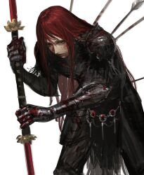 1girl abstract_background armor arrow_(projectile) black_armor blood blood_on_armor blood_on_face commentary double_blade elden_ring english_commentary gauntlets hanneli_(hanny) hanny_(uirusu_chan) highres holding holding_sword holding_weapon impaled long_hair red_eyes red_hair simple_background solo sword tarnished_(elden_ring) weapon