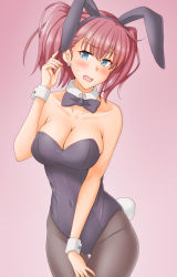 Rule 34 | 1girl, alternate costume, animal ears, anti (untea9), atlanta (kancolle), black pantyhose, bow, bowtie, breasts, brown hair, commentary request, cowboy shot, detached collar, earrings, fake animal ears, gradient background, grey bow, grey bowtie, grey eyes, grey leotard, highres, jewelry, kantai collection, large breasts, leotard, long hair, looking at viewer, pantyhose, playboy bunny, purple background, rabbit ears, solo, standing, star (symbol), star earrings, strapless, strapless leotard, two side up, wrist cuffs