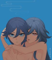 Rule 34 | arm on another&#039;s shoulder, bare shoulders, blue background, blue eyes, blue hair, breasts, covering another&#039;s eye, eyeliner, fu hua, fu hua (herrscher of sentience), grey hair, grin, hair between eyes, hands up, hashtag-only commentary, highres, honkai (series), honkai impact 3rd, long hair, looking at viewer, low-tied long hair, low ponytail, makeup, multicolored hair, nude, parted lips, ponytail, red eyeliner, red eyes, ru39we, shaded face, simple background, small breasts, smile, streaked hair, twitter username, white hair, yellow pupils