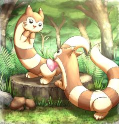 Rule 34 | :d, berry (pokemon), black eyes, commentary, creatures (company), day, english commentary, eye contact, food, forest, fruit, furret, game freak, gen 2 pokemon, gift, grass, happy, highres, looking at another, mouth hold, mushroom, nature, nintendo, open mouth, otakuap, outdoors, peach, pecha berry, plant, pokemon, pokemon (creature), rock, smile, tree