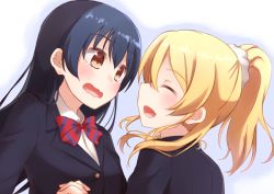 Rule 34 | 10s, 2girls, :d, ayase eli, bad id, bad pixiv id, blazer, blonde hair, blue hair, blush, bow, bowtie, brown eyes, closed eyes, eyebrows, from side, hair ornament, hair scrunchie, highres, holding hands, interlocked fingers, jacket, kapatarou, long hair, long sleeves, looking at another, love live!, love live! school idol project, md5 mismatch, multiple girls, open mouth, ponytail, profile, school uniform, scrunchie, simple background, smile, sonoda umi, striped bow, striped bowtie, striped clothes, striped neckwear, upper body, wavy mouth, wing collar, yuri
