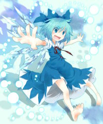 Rule 34 | 1girl, barefoot, blue dress, blue eyes, blue hair, blurry, bow, cirno, danmaku, dress, fang, feet, foreshortening, hair bow, highres, matching hair/eyes, open mouth, outstretched arms, shirt, short hair, smile, solo, spread arms, touhou, toutenkou, wings