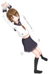 Rule 34 | 1girl, arms up, bdsm, black socks, blue sailor collar, blue skirt, blush, bondage, bound, brown eyes, brown hair, clenched hands, closed mouth, cuffs, dutch angle, female focus, flat chest, full body, hair tie, handcuffs, have to pee, highres, inazuma (kancolle), japanese text, kantai collection, kneehighs, knees together feet apart, lemonade (lemon ade115), long sleeves, looking at viewer, midriff, miniskirt, navel, neckerchief, pleated skirt, red neckerchief, sailor collar, school uniform, serafuku, shirt, simple background, skirt, socks, solo, standing, translation request, white background, white shirt