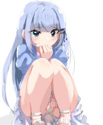 Rule 34 | 1girl, between legs, blue dress, blue eyes, blue hair, blush, cameltoe, collarbone, covering own mouth, dress, embarrassed, female focus, hair ornament, hairclip, hand between legs, hand up, have to pee, highres, idolmaster, idolmaster million live!, k0s5tan4, knees together feet apart, long hair, looking at viewer, panties, pantyshot, peeing, peeing self, pigeon-toed, puffy short sleeves, puffy sleeves, sandals, shiraishi tsumugi, short sleeves, simple background, solo, squatting, tears, underwear, upskirt, wet, wet clothes, wet panties, white background, white footwear, white panties