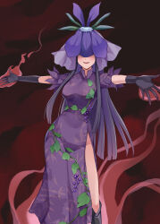 Rule 34 | 1girl, absurdres, black footwear, black gloves, black hair, boots, china dress, chinese clothes, covered eyes, dress, feet out of frame, flower, flower on head, food print, fruit print, gloves, grape print, highres, knee boots, koizumo, long hair, open mouth, outstretched arms, purple dress, purple flower, short sleeves, smile, solo, spread arms, touhou, unfinished dream of all living ghost, vine print, yomotsu hisami