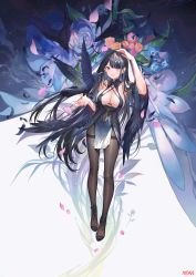 Rule 34 | 1girl, animal, arm up, armpits, atdan, bare shoulders, bird, black dress, black hair, breasts, cleavage, covered navel, crow, detached sleeves, dress, feathers, flower, full body, grey pantyhose, heiyaya (atdan), highres, large breasts, long hair, looking at viewer, multicolored hair, no bra, original, pantyhose, pelvic curtain, revision, rose, sandals, short dress, sleeveless, sleeveless dress, solo, streaked hair, thighband pantyhose, toes, very long hair, wide sleeves