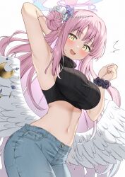 Rule 34 | 1girl, :3, absurdres, armpits, arms up, blue archive, blunt bangs, blush, breasts, commentary, cowboy shot, crop top, cropped sweater, denim, feathered wings, feathers, from below, hair bun, halo, highres, jeans, large breasts, leaning forward, long hair, looking at viewer, low wings, midriff, mika (blue archive), navel, pants, pink hair, ribbed sweater, scrunchie, simple background, sleeveless, sleeveless sweater, sleeveless turtleneck, solo, sweater, tareme, taut sweater, turtleneck, turtleneck sweater, twitter username, very long hair, watermark, white background, white feathers, wings, wrist scrunchie, yamano rokamizu, yellow eyes