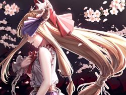 Rule 34 | 1girl, bare shoulders, blurry, bow, bowtie, breasts, chain, cherry blossoms, crying, depth of field, flower, frills, from side, hair bow, hand on own chest, hand up, highres, horn ornament, horn ribbon, horns, ibuki suika, light brown hair, long hair, one eye covered, oni horns, pink flower, profile, red bow, red bowtie, ribbon, small breasts, solo, streaming tears, tears, torinari (dtvisu), touhou, upper body, very long hair