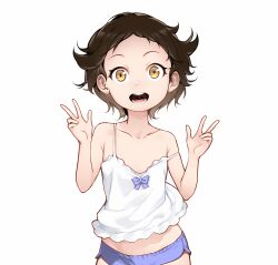 Rule 34 | 1girl, :d, bare arms, bare shoulders, black hair, blue bow, blue shorts, blvefo9, bow, brown eyes, brown hair, camisole, child, collarbone, commentary request, double w, gradient hair, hands up, highres, looking at viewer, messy hair, multicolored hair, open mouth, original, short hair, short shorts, shorts, simple background, smile, solo, strap slip, w, white background, white camisole