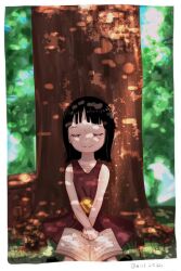 Rule 34 | 1girl, alice 215320, black hair, blunt bangs, book, closed eyes, commentary request, dress, highres, holding, holding book, medium hair, nico robin, on grass, one piece, purple dress, sleeveless, sleeveless dress, smile, solo, tree, under tree